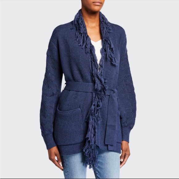 KOBI HALPERIN NWT Luxe Wool Knit Navy Blue Monica Fringe Belted Cardigan Sweater - Picture 16 of 16